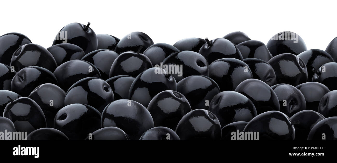 Heap of black olives isolated on white background. Seamless pattern