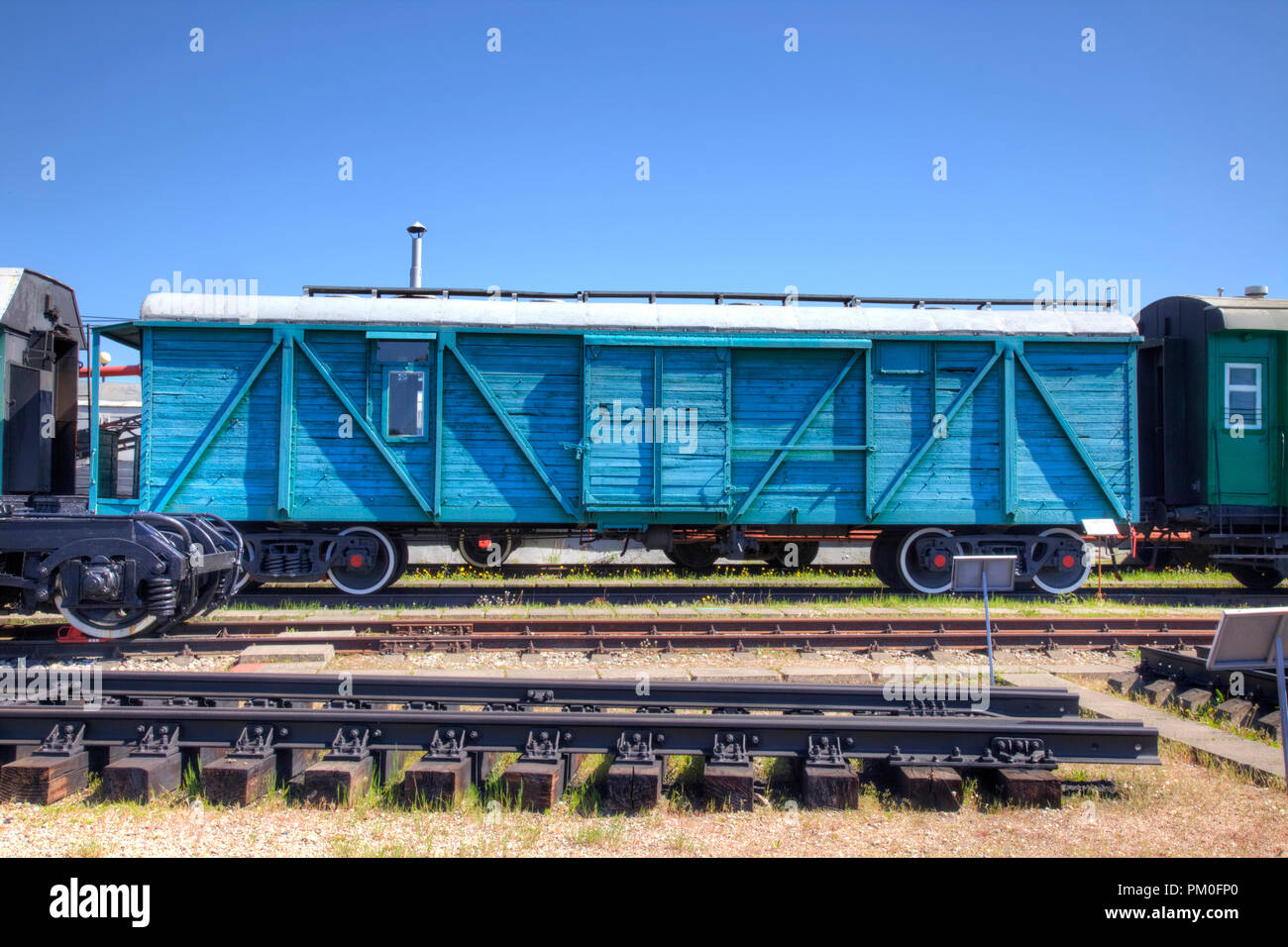 KALININGRAD, RUSSIA - May 05.2018: The territory of the museum of railway transport. Old trains, wagons and locomotives Stock Photo