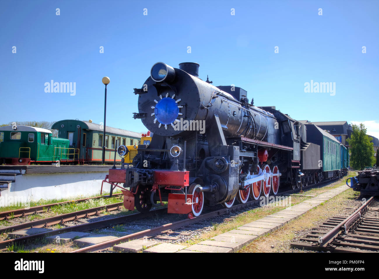 KALININGRAD, RUSSIA - May 05.2018: The territory of the museum of railway transport. Old trains, wagons and locomotives Stock Photo