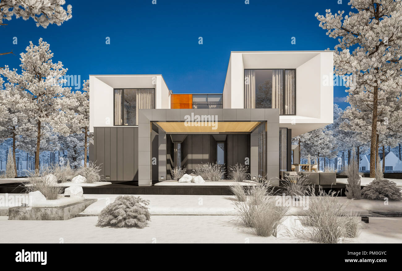 3d Rendering Of Modern Cozy House With Garage And Garden Cool