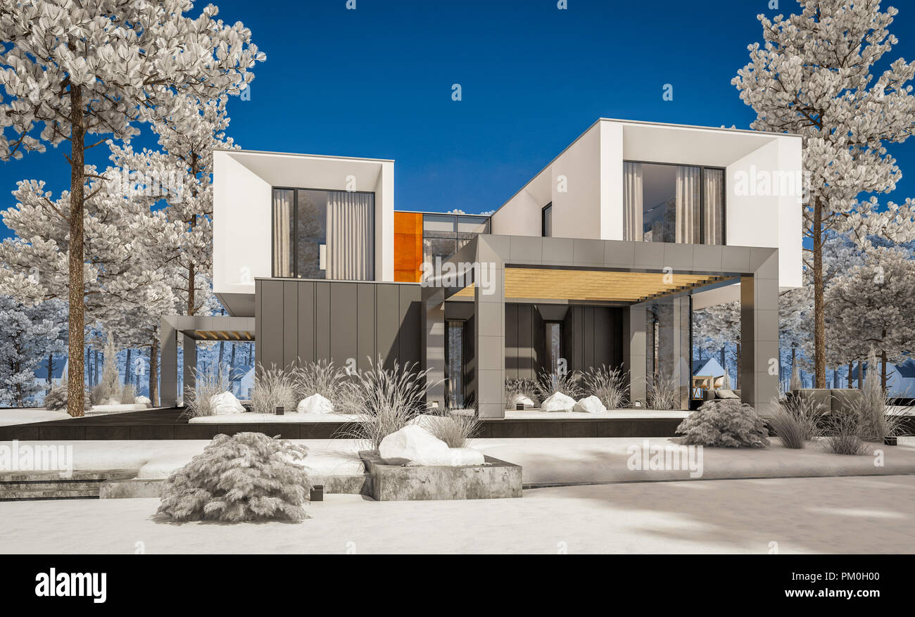3d Rendering Of Modern Cozy House With Garage And Garden Cool