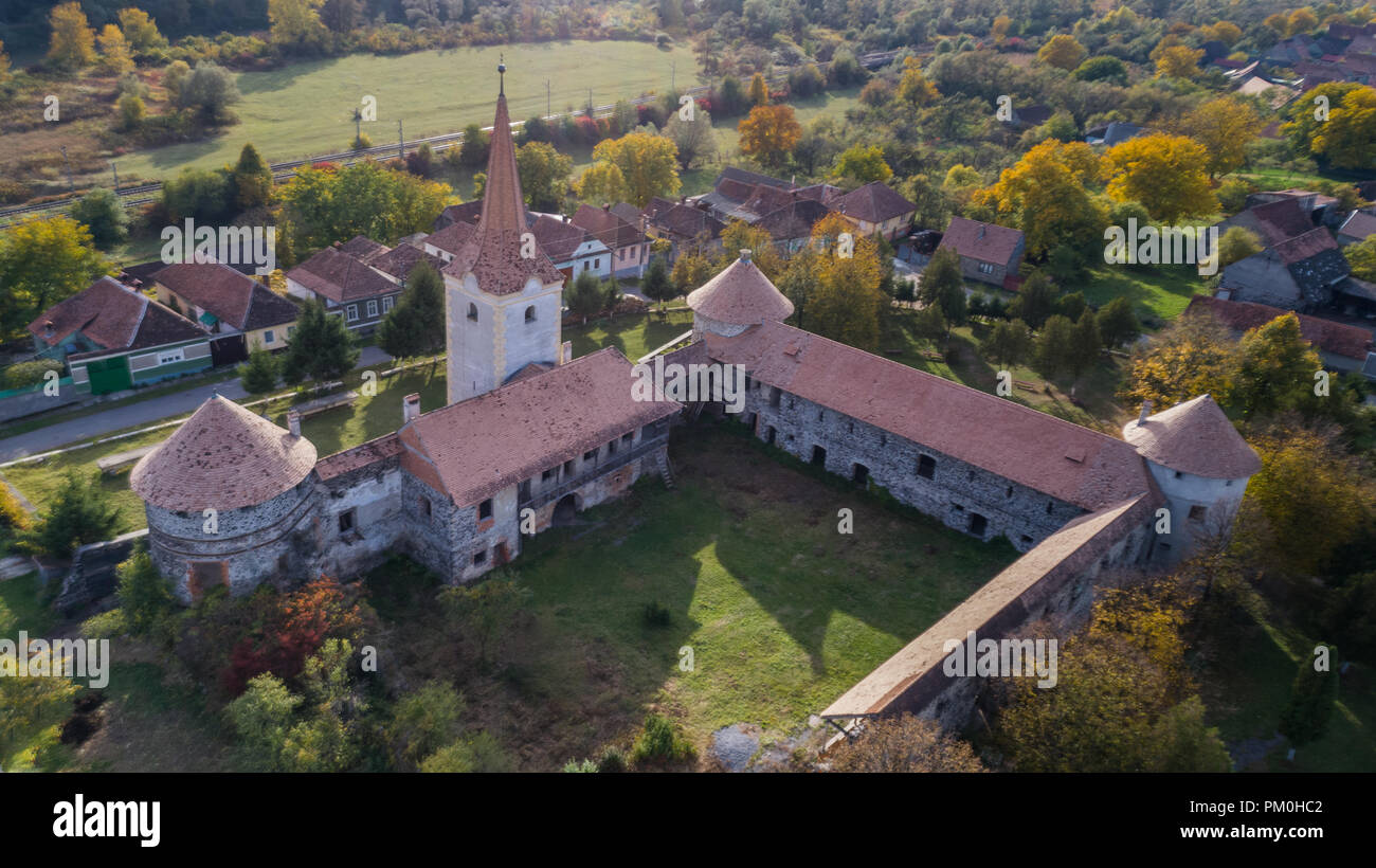 Towers and walls of a medieval fortified castle (Sukosd-Bethlen) Racos, Transylvania Romania Stock Photo