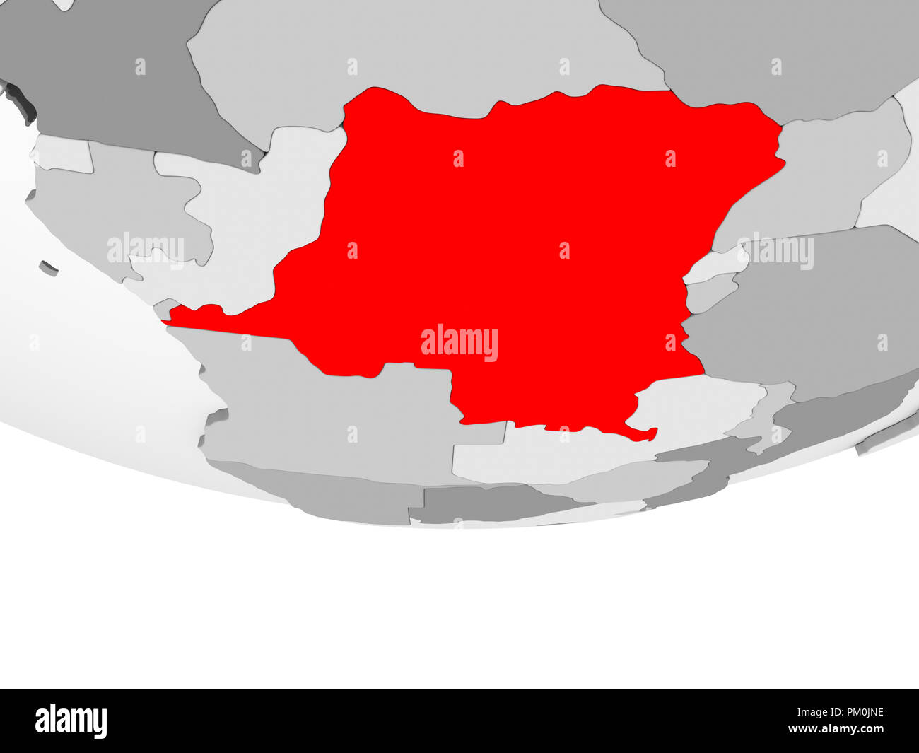 Democratic Republic of Congo in red on grey political globe with ...