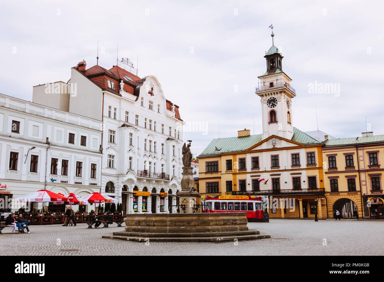 Cieszyn, Silesia, Poland : Old Town Market Square with the statue of Saint  Florian at the fountain and incidental people Stock Photo - Alamy