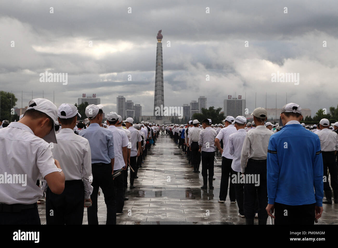 Students in Kim Il Sung Square preparing for the 70th anniversary celebrations Stock Photo