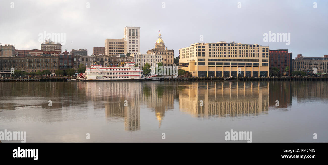 Stately Architecture and Buildings Line the Waterfront in Savannah Georgia Stock Photo