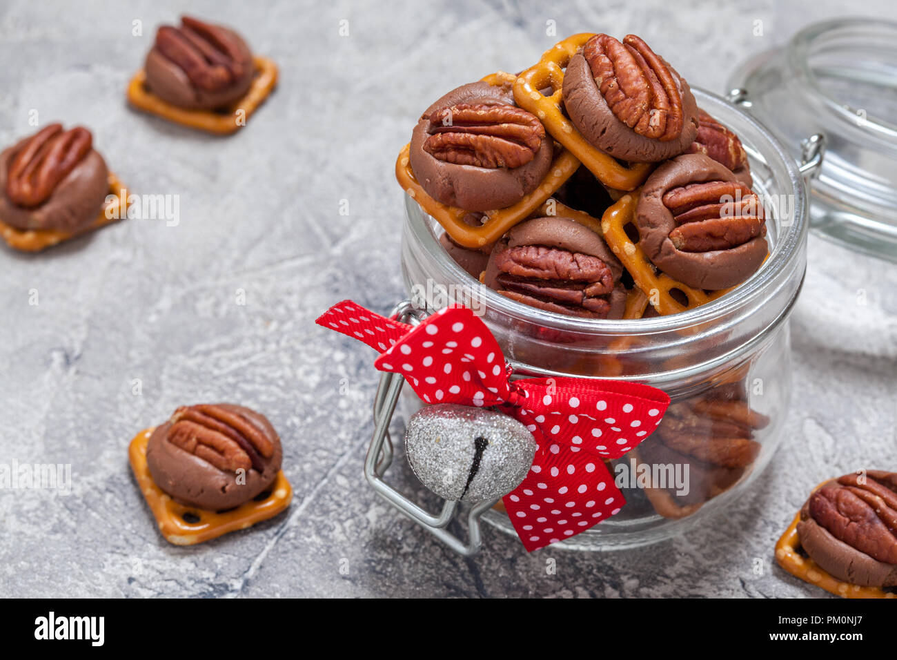 Chocolate Caramel Pecan Pretzel Bites in a jar Stock Photo - Alamy