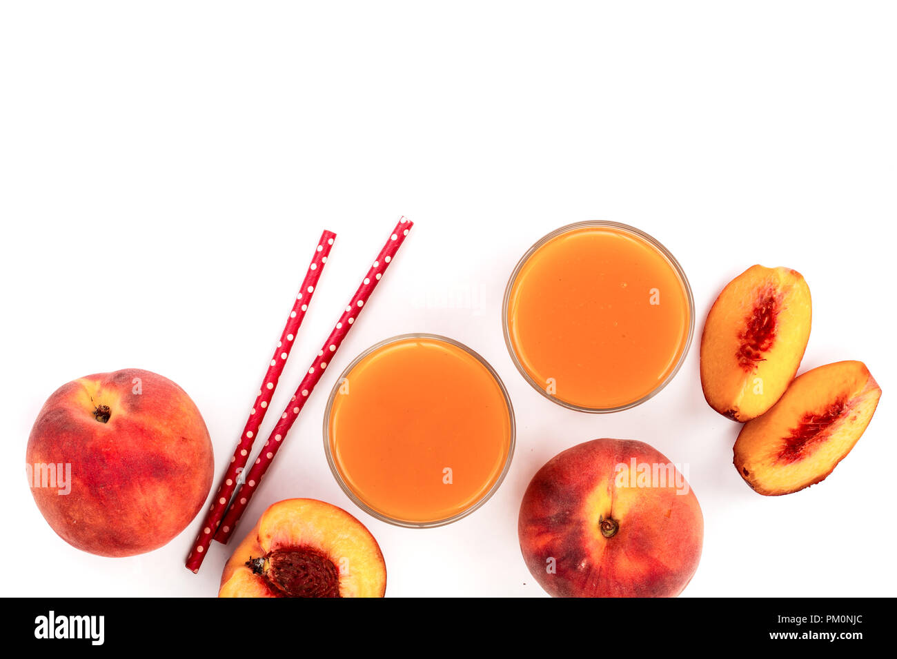peach juice isolated on white background with copy space for your text. Top view. Flat lay pattern Stock Photo