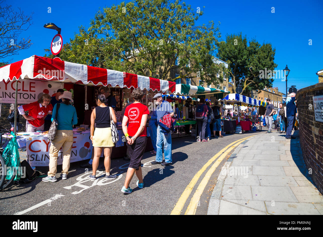 Market stalls along Danbury Street during Angel Canal Festival 2018, London. UK Stock Photo