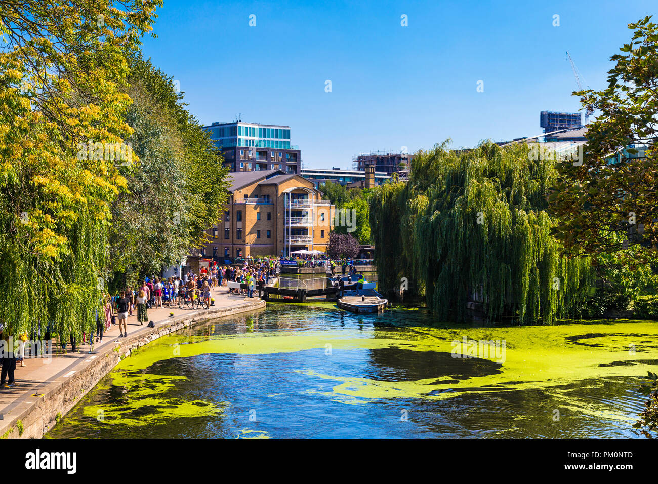 Busy towpath by Regents Canal during Angel Canal Festival 2018, London, UK Stock Photo