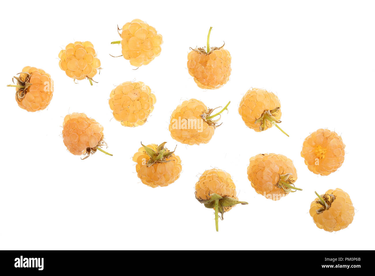 Yellow raspberries isolated on white background with copy space for your text. Top view. Flat lay pattern Stock Photo