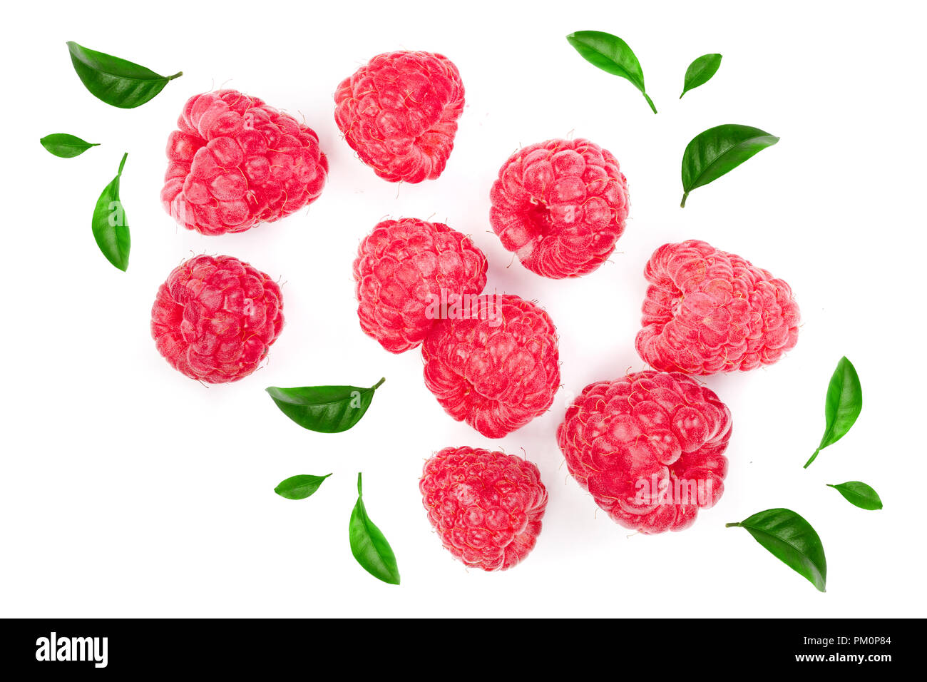 Raspberry Flat Lay raspberries with leaves isolated on white background. Top view. Flat ...