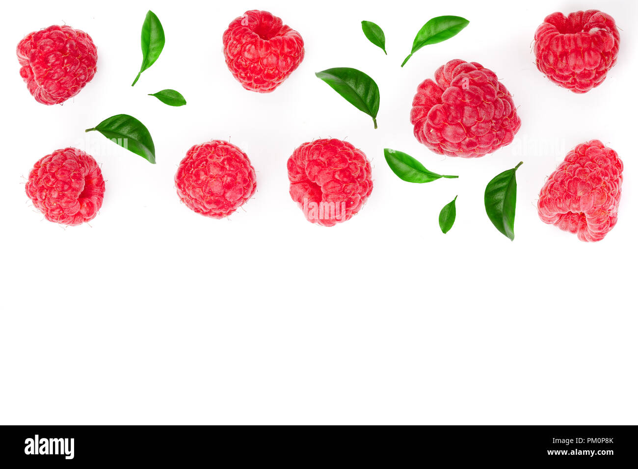 Raspberry Flat Lay raspberries with leaves isolated on white background with copy space ...