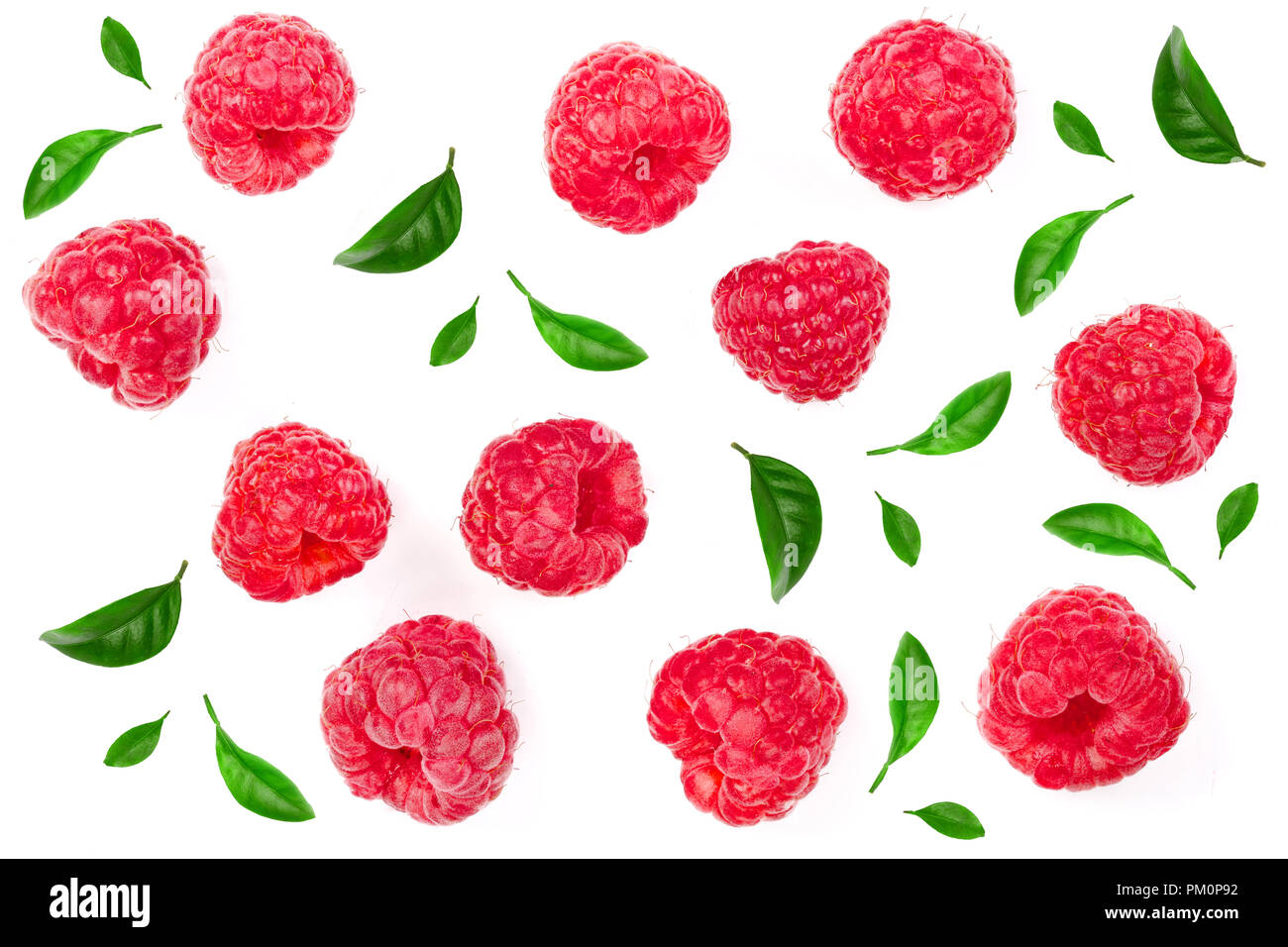 Raspberry Flat Lay raspberries with leaves isolated on white background. Top view. Flat ...