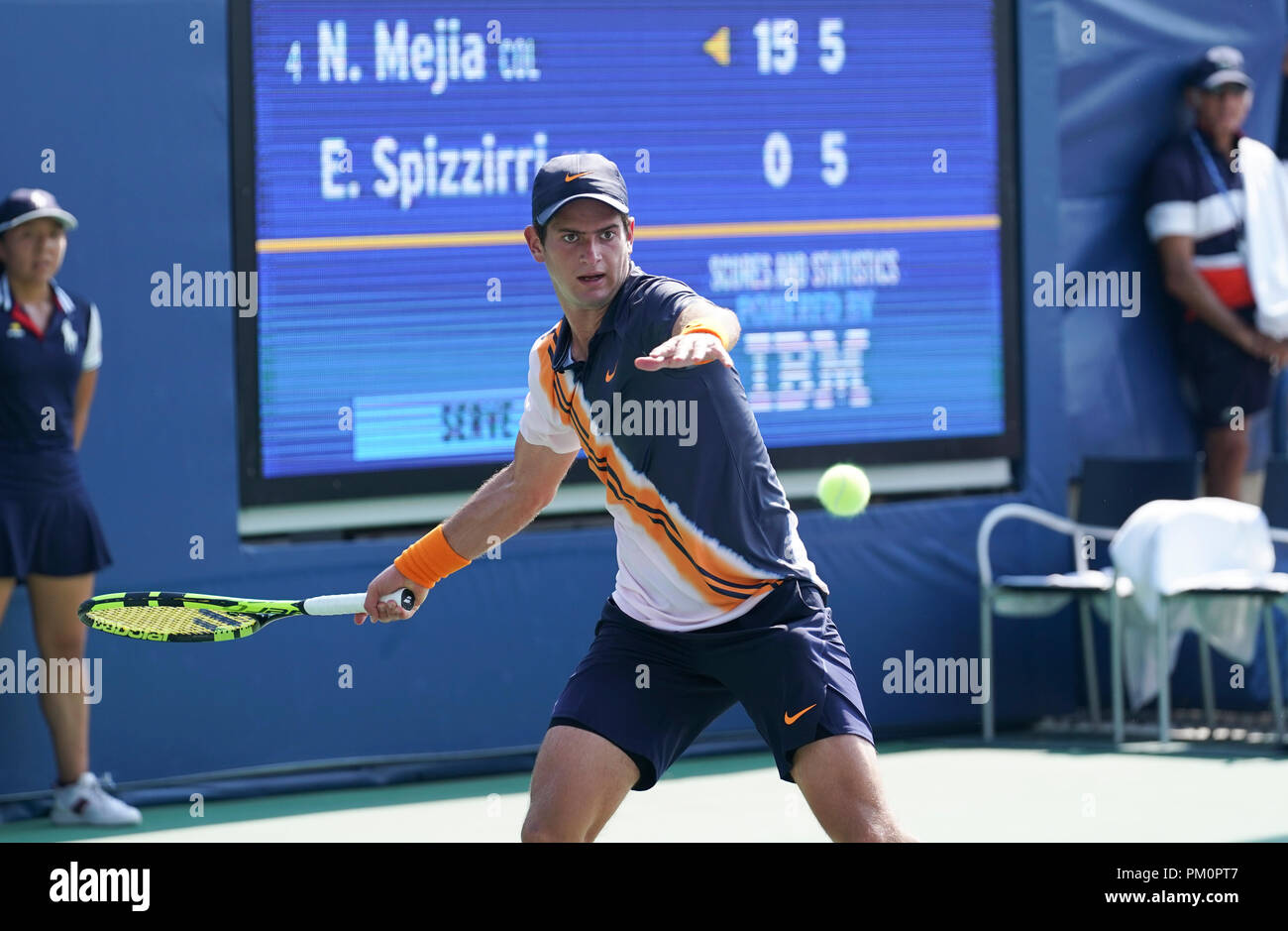 New York, NY - September 3, 2018: Nicolas Mejia of Colombia returns ball during US Open 2018 junior boys 1st round match against Eliot Spizzirri of USA at USTA Billie Jean King National Tennis Center Stock Photo