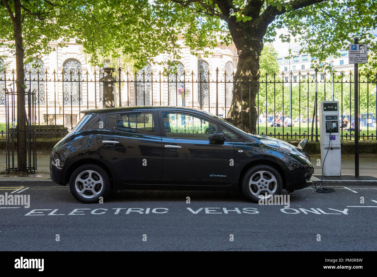 Zero emissions car recharging at electric vehicles only charging