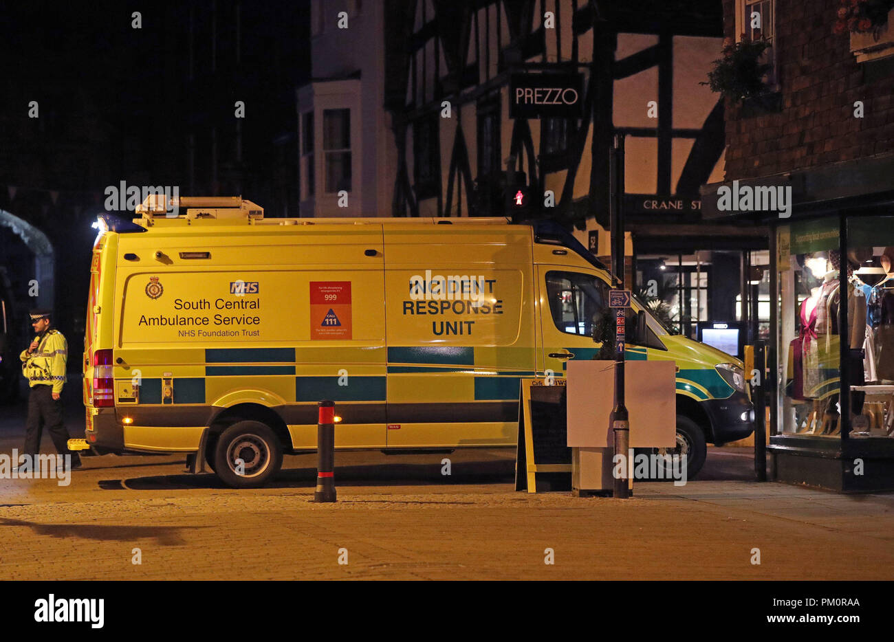 Emergency services outside the Prezzo restaurant in Salisbury, where police have closed streets as a 'precautionary measure' after two people were taken ill from the restaurant, amid heightened tensions after the Novichok poisonings. Stock Photo