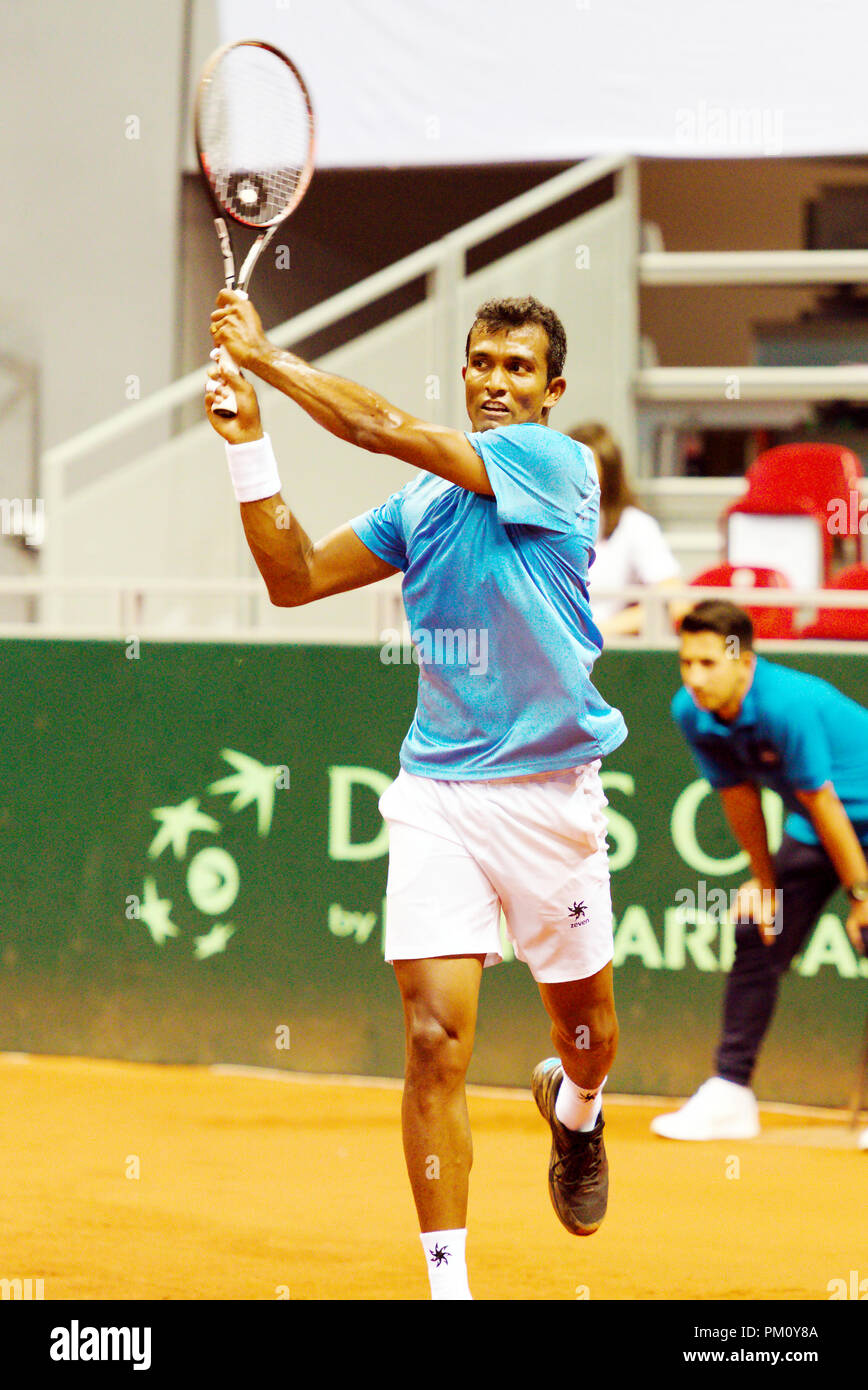 Kraljevo, Serbia. 16th September 2018. N. Sriram Balaji of India in action  in the first reverse singles match of the Davis Cup 2018 Tennis World Group  Play-off Round at Sportski Center Ibar