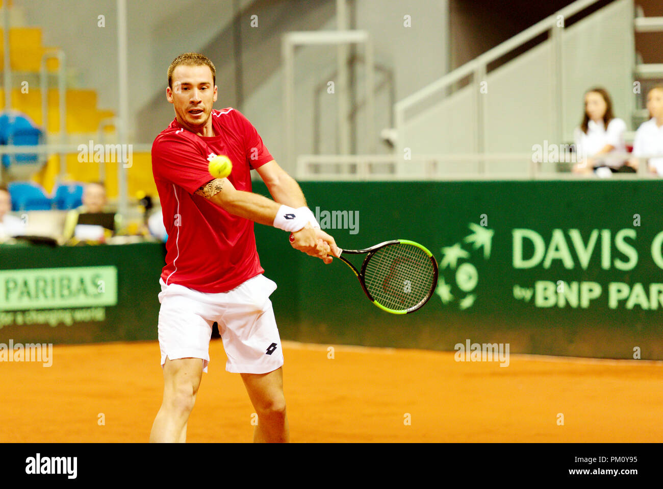 Kraljevo, Serbia. 16th September 2018. Pedja Krstin of Serbia in action in  the first reverse singles match of the Davis Cup 2018 Tennis World Group  Play-off Round at Sportski Center Ibar in