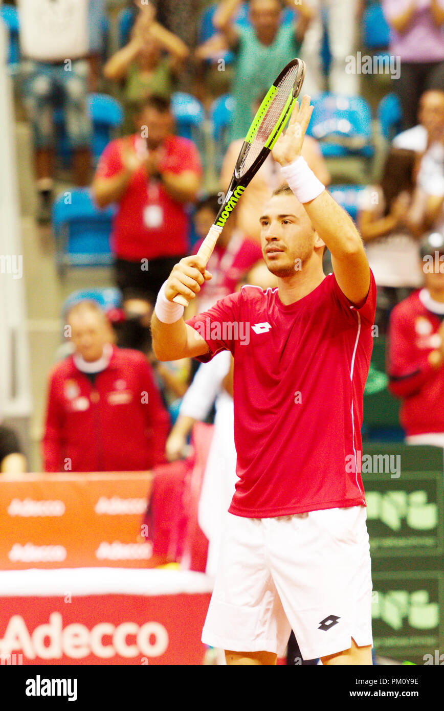 Kraljevo, Serbia. 16th September 2018. Pedja Krstin of Serbia gestures after winning the first reverse singles match of the Davis Cup 2018 Tennis World Group Play-off Round at Sportski Center Ibar in Kraljevo, Serbia. Credit: Karunesh Johri/Alamy Live News. Stock Photo