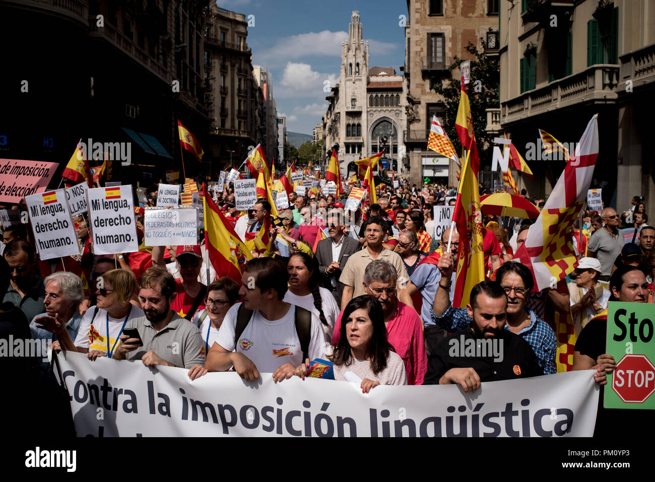 Barcelona, Spain. 16 September 2018.  Protesters called by unionist organizations march  in Barcelona in support of the use of the Spanish language and against the Language immersion system, a technique using bilingual language education (Catalan and Spanish) in the Catalan schools. Credit:  Jordi Boixareu/Alamy Live News Stock Photo