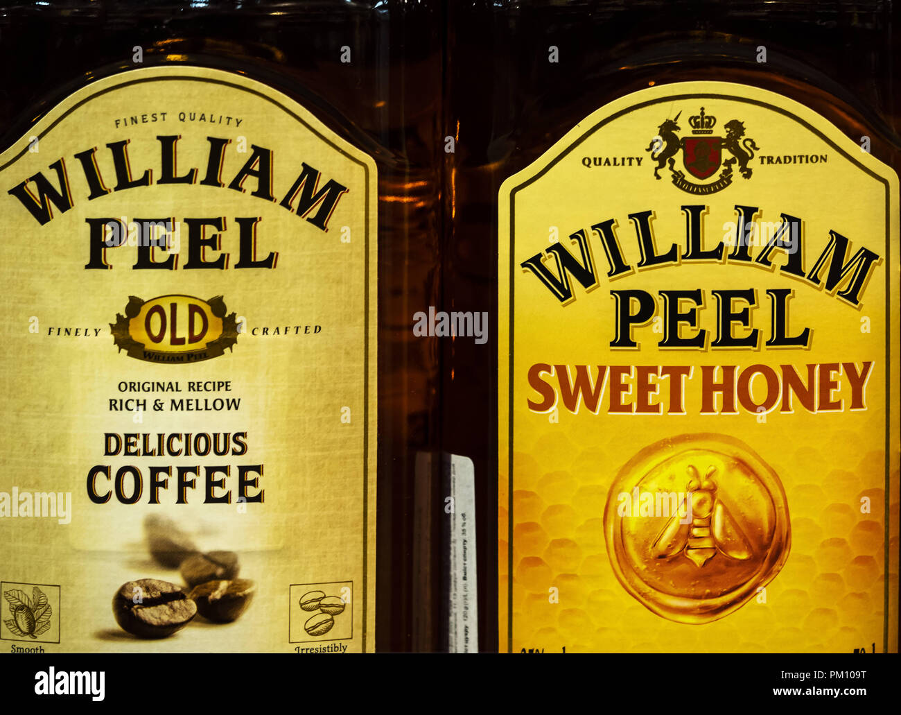 Kiev, Ukraine. 14th Sep, 2018. William Peel whisky seen in the store. Blended Scotch William Peel is one of the best-selling whisky brands worldwide thanks to a huge following in France. Owned by Marie Brizard Wine & Spirits Credit: Igor Golovniov/SOPA Images/ZUMA Wire/Alamy Live News Stock Photo