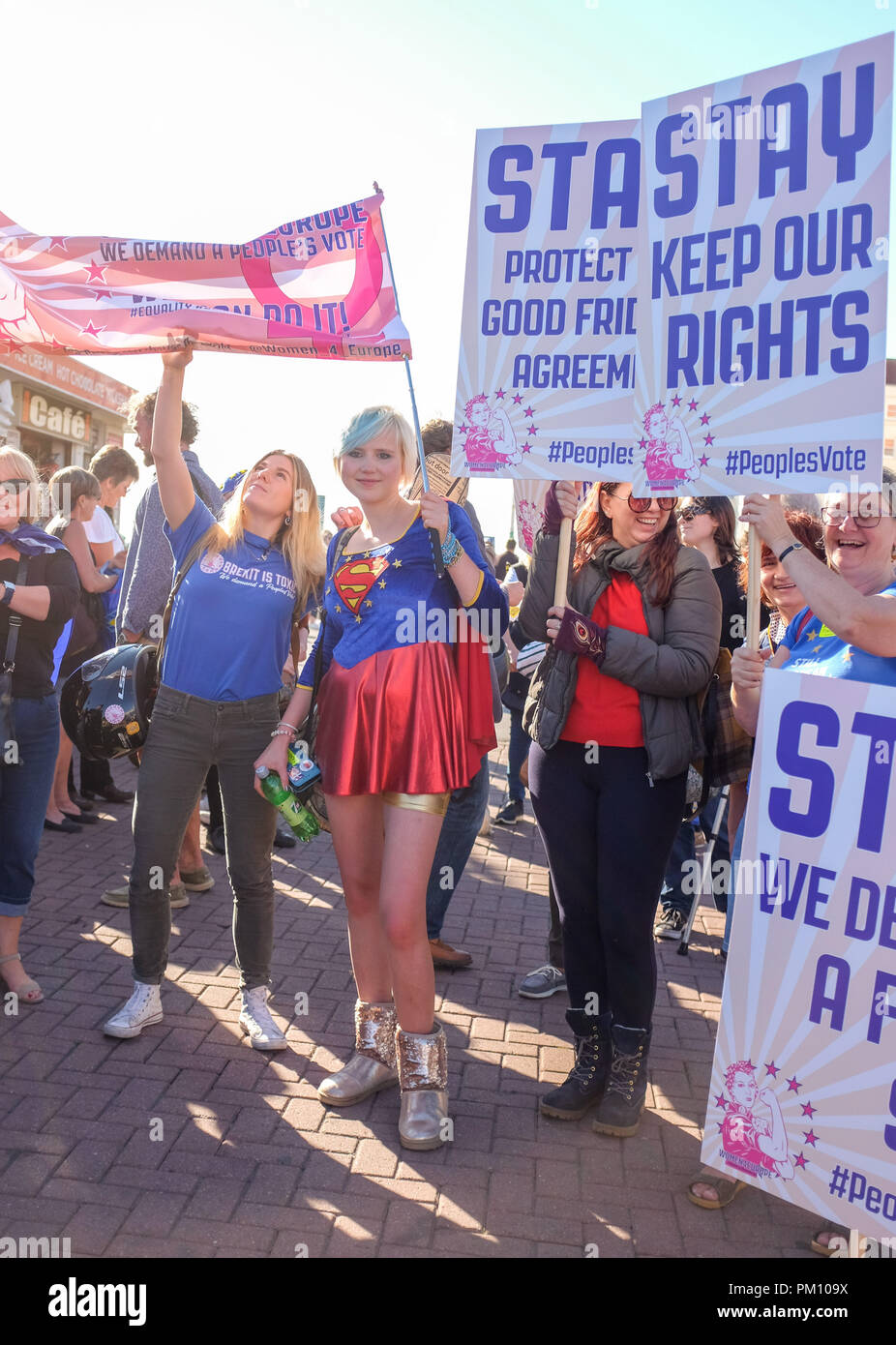 Brighton, UK. 16 September 2018. Anti Brexit protesters march along Brighton seafront to the Conference Centre where the Lib Dems are holding their annual conference . Members of various women groups were joined by members of the Labour Party  , Green Party and Lib Dems for the protest march Credit: Simon Dack/Alamy Live News Stock Photo