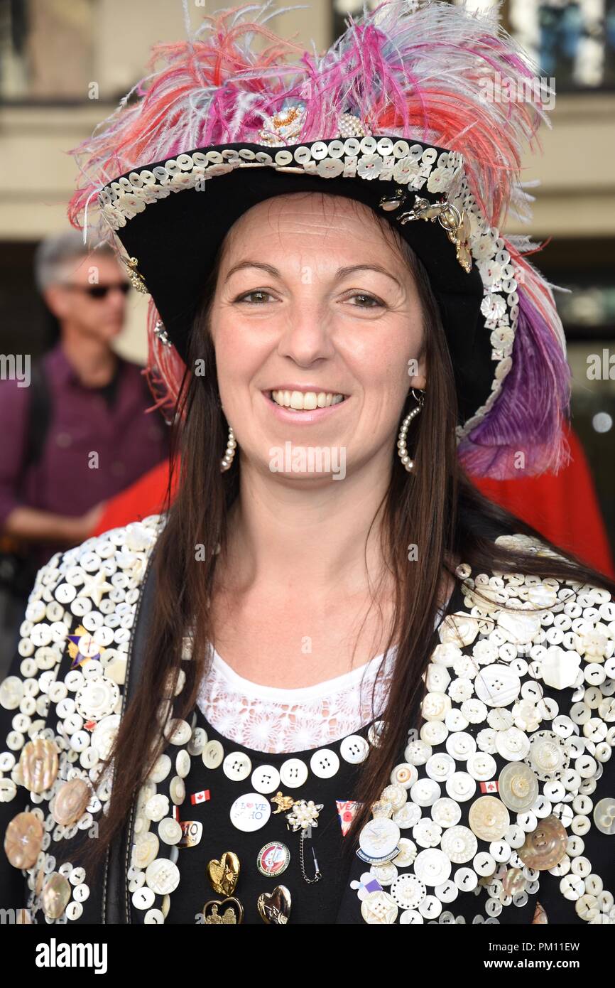 London, UK. 16th Sep, 2018. Pearly Queen,The 20th anniversary of the annual Pearly Kings and Queens Harvest Festival,Guildhall Yard,London.UK Credit: michael melia/Alamy Live News Stock Photo