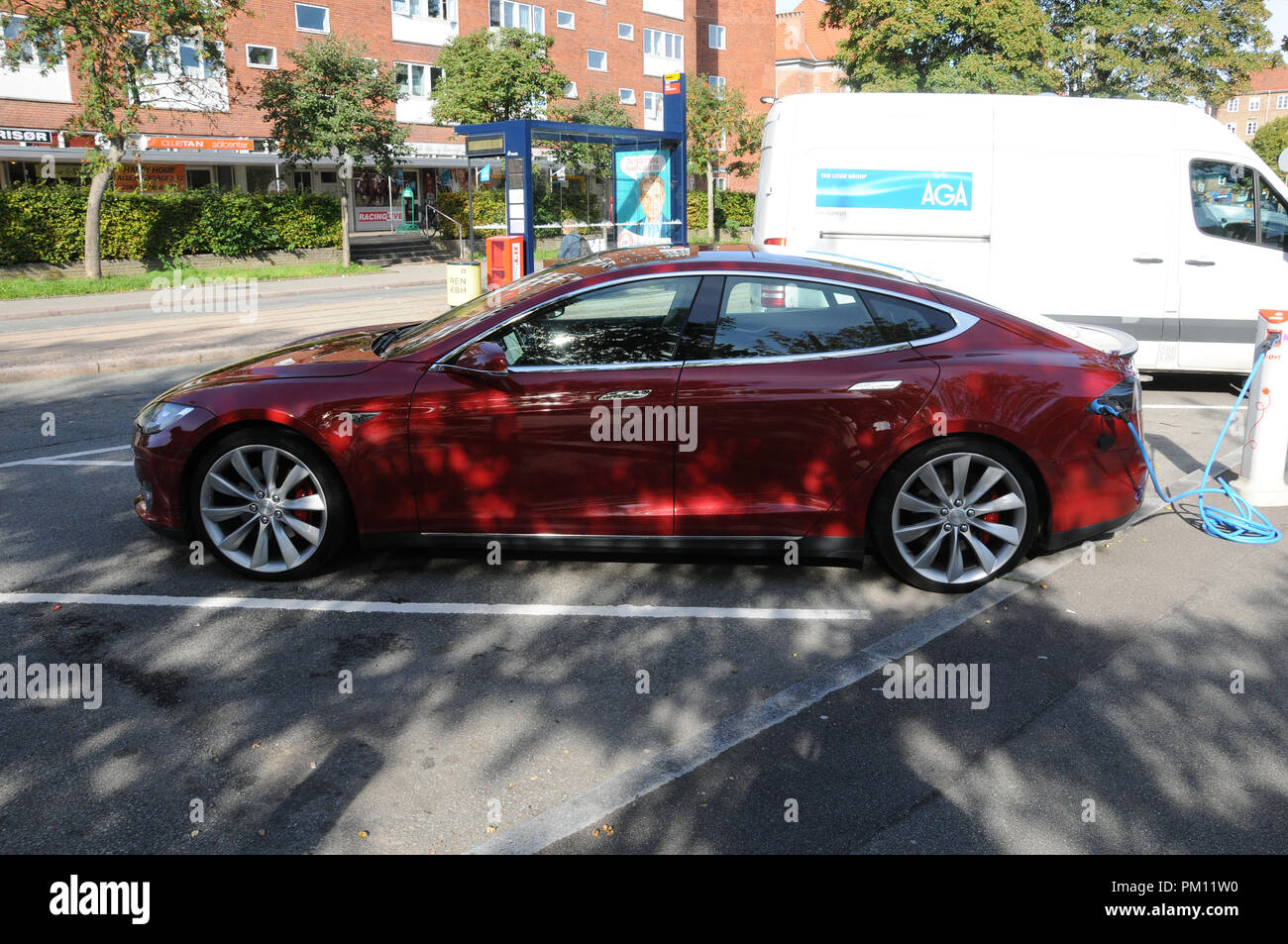 Copenhagen, Denmark. 16 September 2018. Tesla electric car at charging