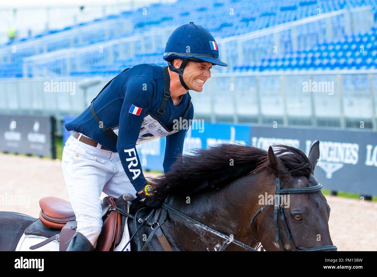 North Carolina, USA. 15th Sep, 2018. Sidney Dufresne riding Tresor Mail. FRA. Finish line. Cross Country. Eventing. Day 5. World Equestrian Games. WEG 2018 Tryon. North Carolina. USA. 15/09/2018. Credit: Sport In Pictures/Alamy Live News Stock Photo