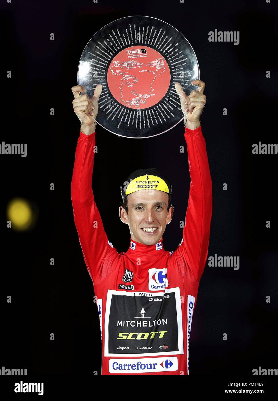 Madrid Spain 16th Sep 2018 British Rider Simon Yates Of The Mitchelton Scott Team Celebrates With His Trophy On The Podium After Winning The La Vuelta Cycling Race In Madrid Spain 16 September