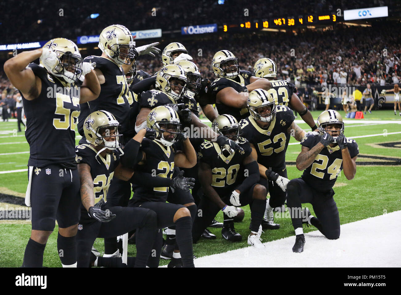 New Orleans, LOUISIANA, USA. 16th Sep, 2018. The New Orleans Saints defense posses after New Orleans Saints defensive back Marcus Williams intercepted the ball from the Cleveland Browns in New Orleans, Louisiana USA on September 16, 2018. The Saints beat the Browns 21-18. Credit: Dan Anderson/ZUMA Wire/Alamy Live News Stock Photo
