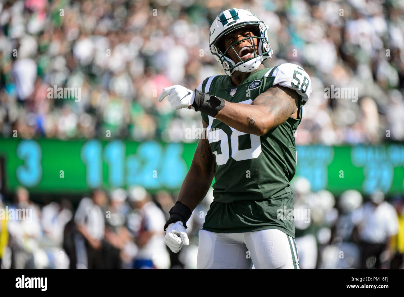 East Rutherford, NJ, USA. 16th Sep, 2018. New York Jets linebacker Darron Lee (58) reacts after a turnover in the second half during the game between The New York Jets and The Miami Dolphins at Met Life Stadium in East Rutherford, NJ. The Miami Dolphins defeat The New York Jets 20-12. Mandatory Credit: Kostas Lymperopoulos/CSM/Alamy Live News Stock Photo