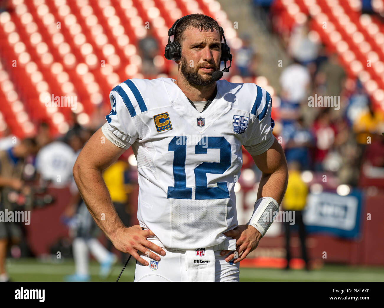 Indianapolis Colts quarterback Andrew Luck (12) is interviewed following  the game against the Washington Redskins at FedEx Field in Landover,  Maryland on Sunday, September 16, 2018. The Colts won the game 21 