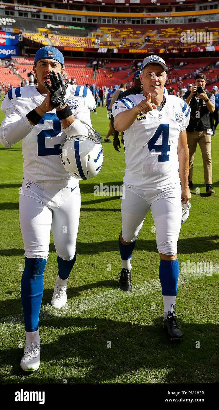 Landover, MD, USA. 16th Sep, 2018. Indianapolis Colts PK #4 Adam Vinatieri and Indianapolis Colts P #2 Rigoberto Sanchez walk off after a NFL football game between the Washington Redskins and the Indianapolis Colts at FedEx Field in Landover, MD. Justin Cooper/CSM/Alamy Live News Stock Photo