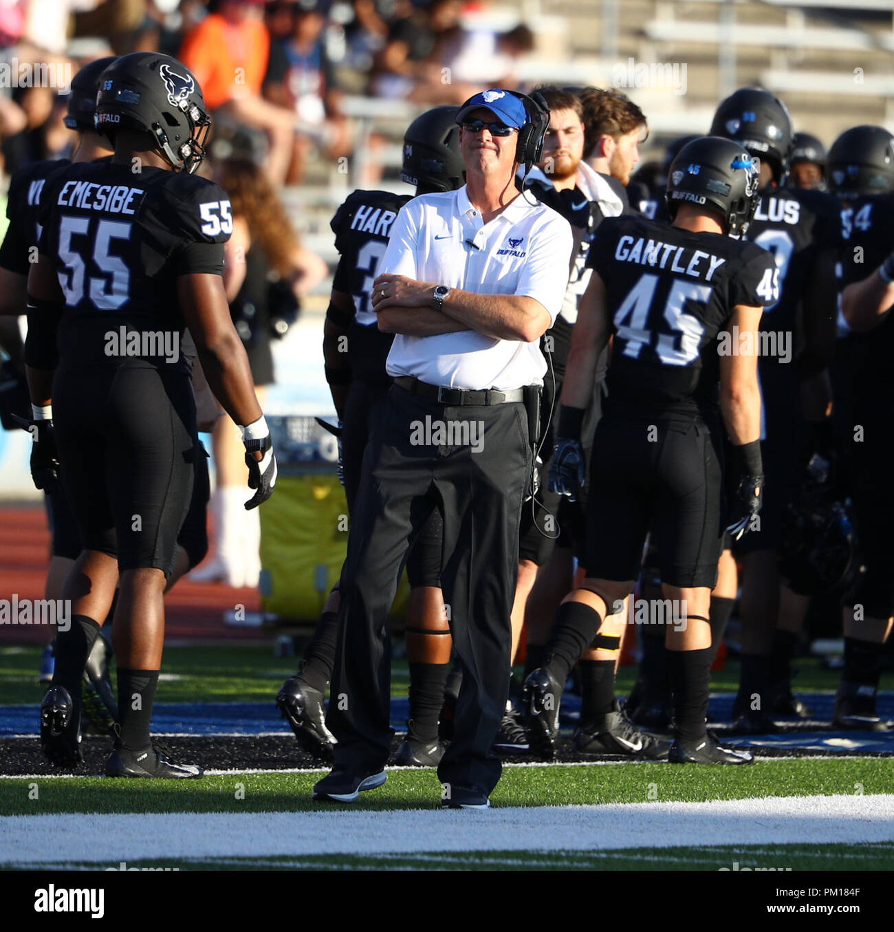 September 15, 2018:Buffalo Bulls head coach Lance Leipold during the first half of play in the NCAA football game between the Eastern Michigan Eagles and Buffalo Bulls at UB Stadium in Amherst, N.Y. Buffalo defeated Eastern Michigan 35-28 to improve their record to 3-0 for the first time as an FBS program. (Nicholas T. LoVerde/Cal Sport Media) Stock Photo