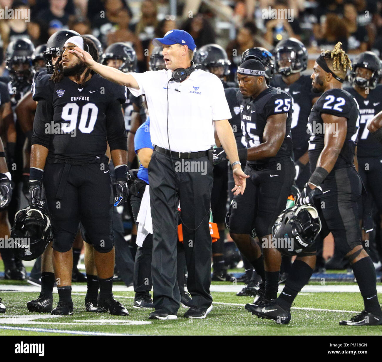 September 15, 2018:Buffalo Bulls head coach Lance Leipold during the second half of play in the NCAA football game between the Eastern Michigan Eagles and Buffalo Bulls at UB Stadium in Amherst, N.Y. Buffalo defeated Eastern Michigan 35-28 to improve their record to 3-0 for the first time as an FBS program. (Nicholas T. LoVerde/Cal Sport Media) Stock Photo