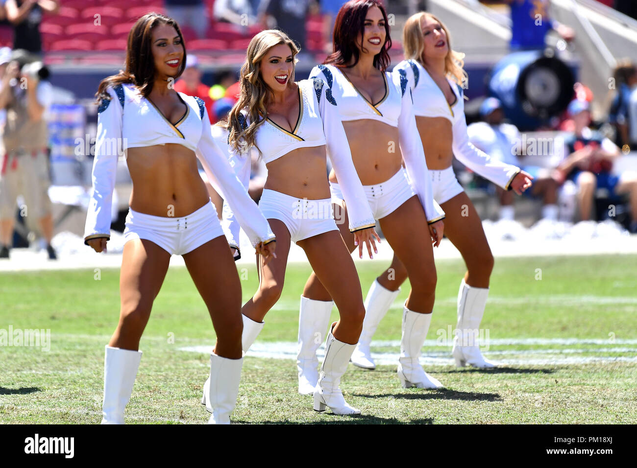 Los Angeles, CA, USA. 16th Sep, 2018. Los Angeles Rams Cheerleaders perform during the NFL football game against the Arizona Cardinals at the Los Angeles Memorial Coliseum in Los Angeles, California.Mandatory Photo Credit: Louis Lopez/CSM/Alamy Live News Stock Photo