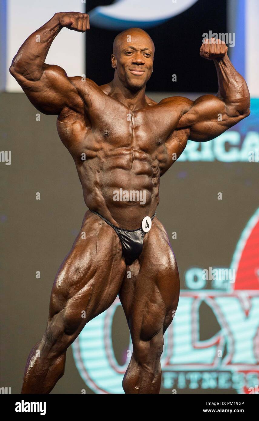 Las Vegas, Nevada, USA. 14th Sep, 2018. Winner of Mr. Olympia 2018, SHAWN  RHODEN of the U.S. poses during judging at Joe Weider's Olympia Fitness and  Performance Weekend 2018. Credit: Brian Cahn/ZUMA