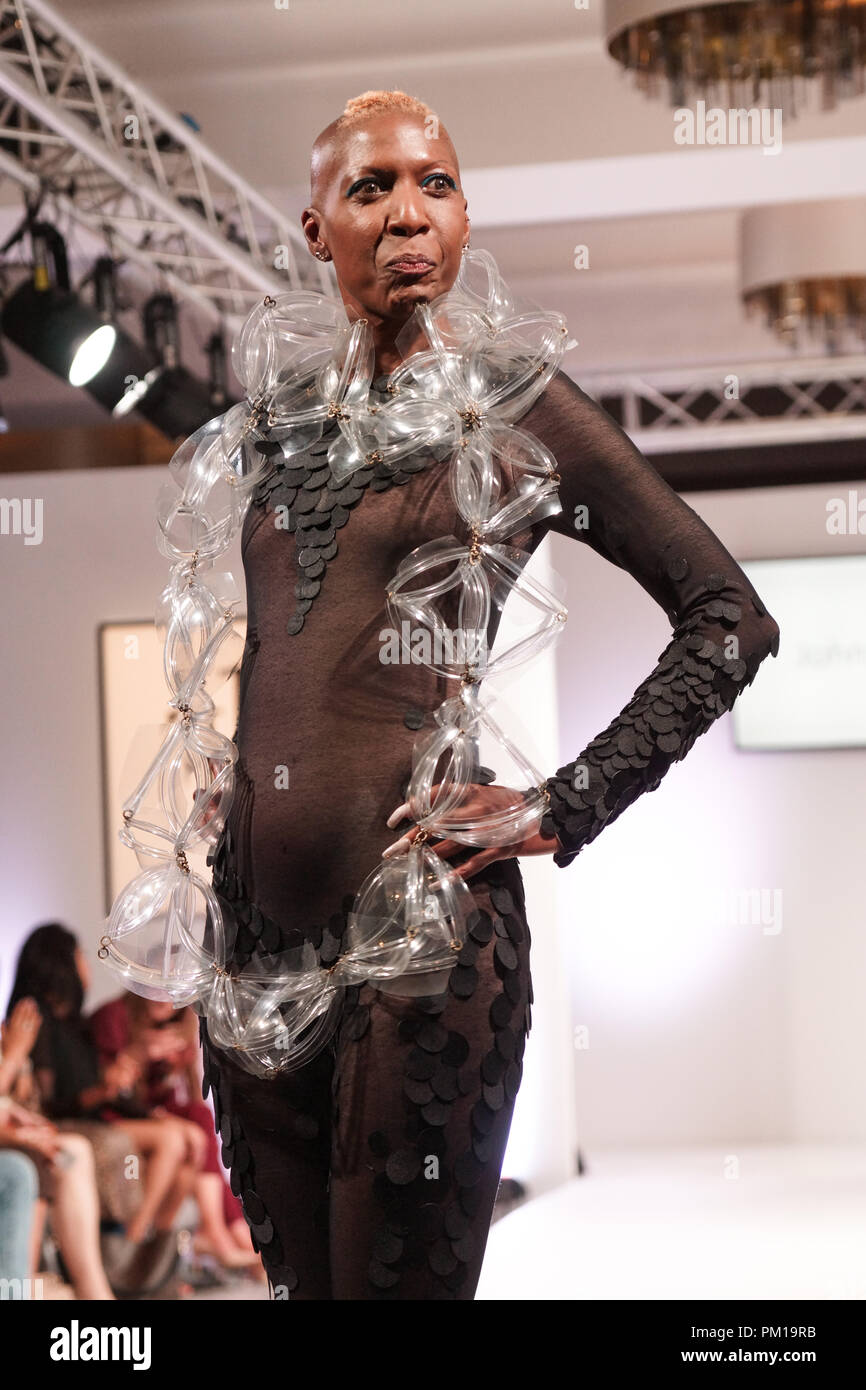London, UK. 16th Sep 2018. Fashions Finest SS19, Day 2, Show 2 and Soiree including designers Hope Macaulay of Ireland, Velika Hartono of Indonesia, Georgina Dee of the UK, Twozzday of the USA, Lian Cara of Wales, 13 Magpie Design Studios UK, Louise Clark Design, John Herrera, Maddy Stringer Design, Rosie Red Couture and Corsetry, Rose Connor, Vaseghia, Quillattire, Exhibit69, Haus of Ra, Giebultowski, A Star Is Born UK, Caivo, performance by Paul Manners and wheelchair model Samanta Bullock and Down Syndrome model Madeline Stuart. Credit: Peter Hogan/Alamy Live News Stock Photo