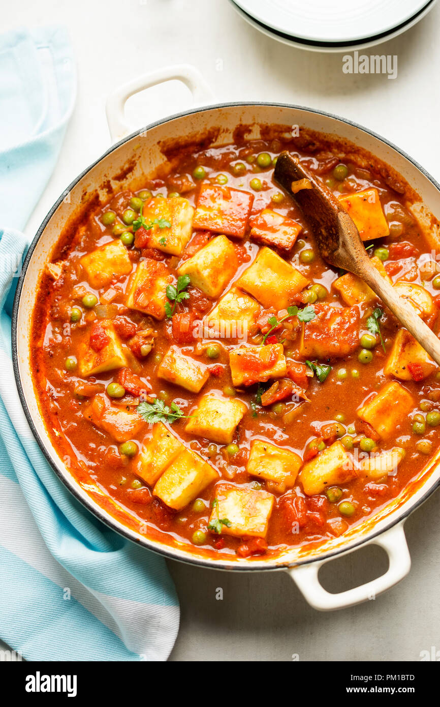 Matar paneer with with paneer cheese, peas and tomato sauce Stock Photo