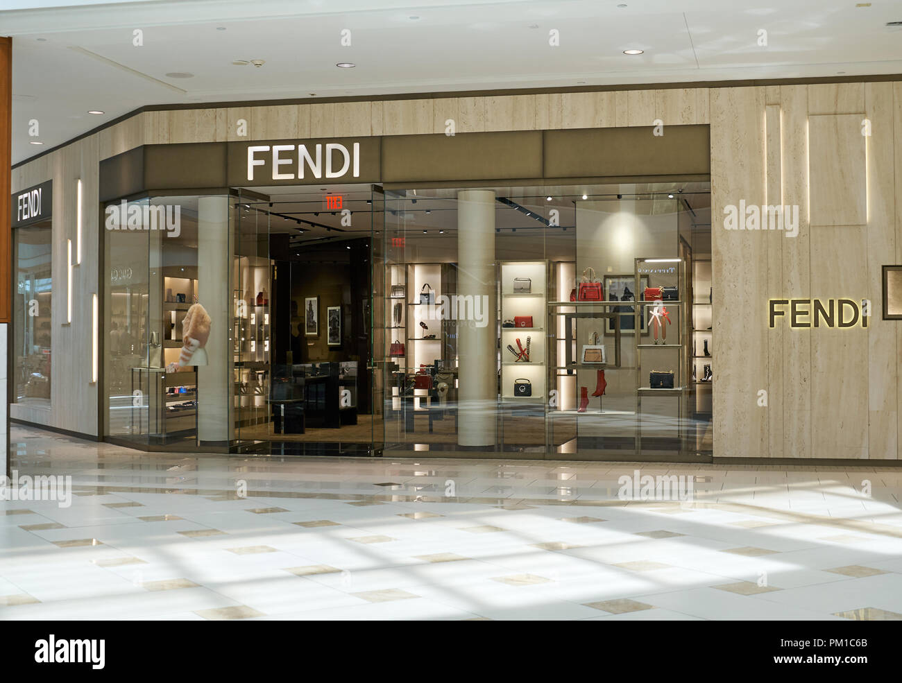 AVENTURA, USA - AUGUST 23, 2018: Fendi famous boutique in Aventura Mall. Fendi is an Italian luxury fashion house producing fur, leather goods, shoes, Stock Photo
