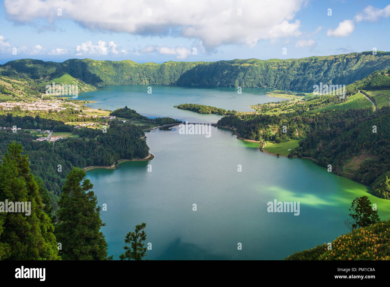 Lagoa das Sete Cidades is a twin lake situated in the crater of a dormant volcano on the Portuguese archipelago of the Azores Stock Photo