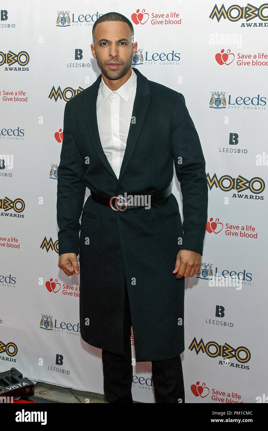 Marvin Humes posing for photographers on the red carpet at the 2017 MOBO Awards. Marvin Humes is a singer, formerly of pop group JLS, and DJ, television presenter and radio host. Humes co-hosted the MOBOs event. Stock Photo
