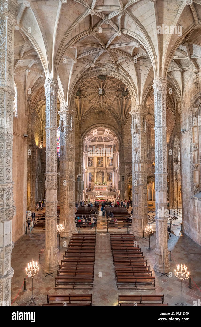Interior of the Church of Santa Maria in the Jeronimos Monastery ( Mosteiro dos Jerónimos ), Belem district, Lisbon, Portugal Stock Photo