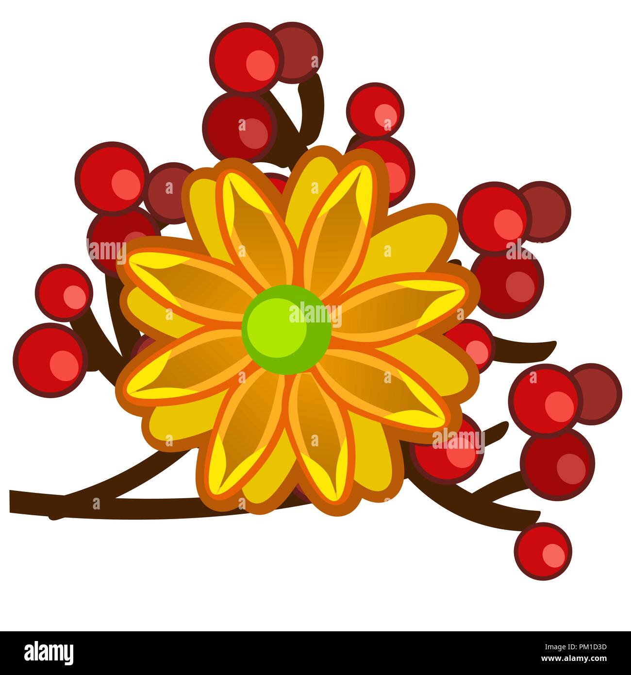 The element of autumn decor in the form of a bright orange flower with red berries isolated on white background. Vector cartoon close-up illustration. Stock Vector