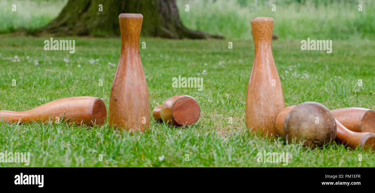 A wooden lawn skittles set Stock Photo