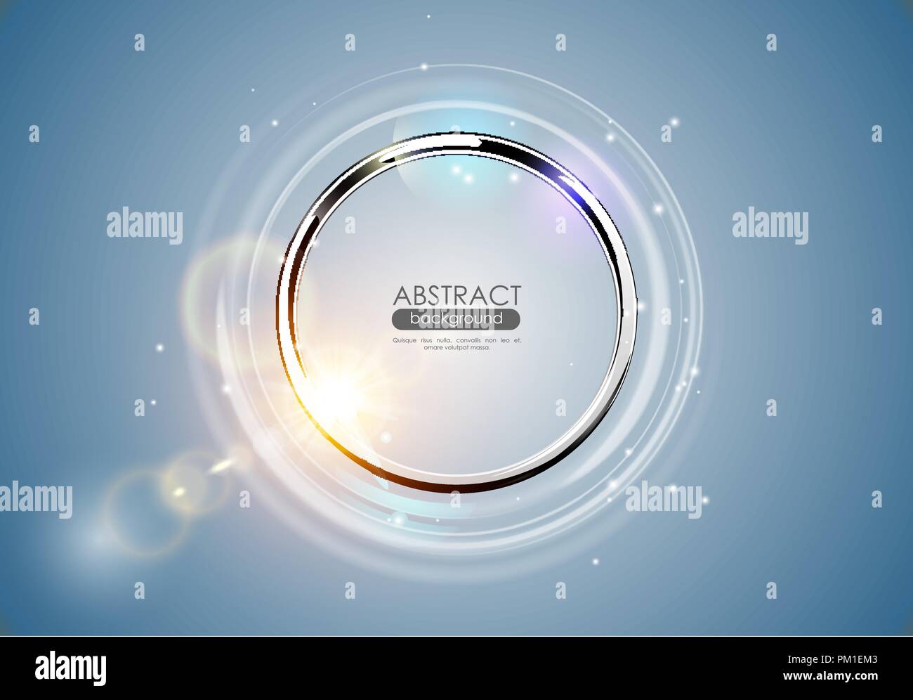 Futuristic abstract metal ring blue background. Chrome shine round frame with light circle and sun lens flare light effect. Vector glowing Stock Vector