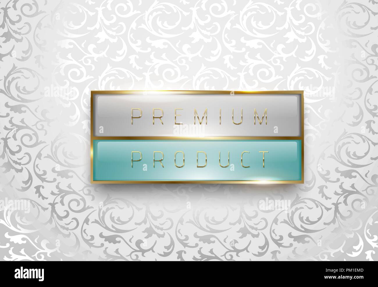 Premium product light grey and green label with golden frame on white floral background. Luxury glossy logo template. Vector illustration Stock Vector