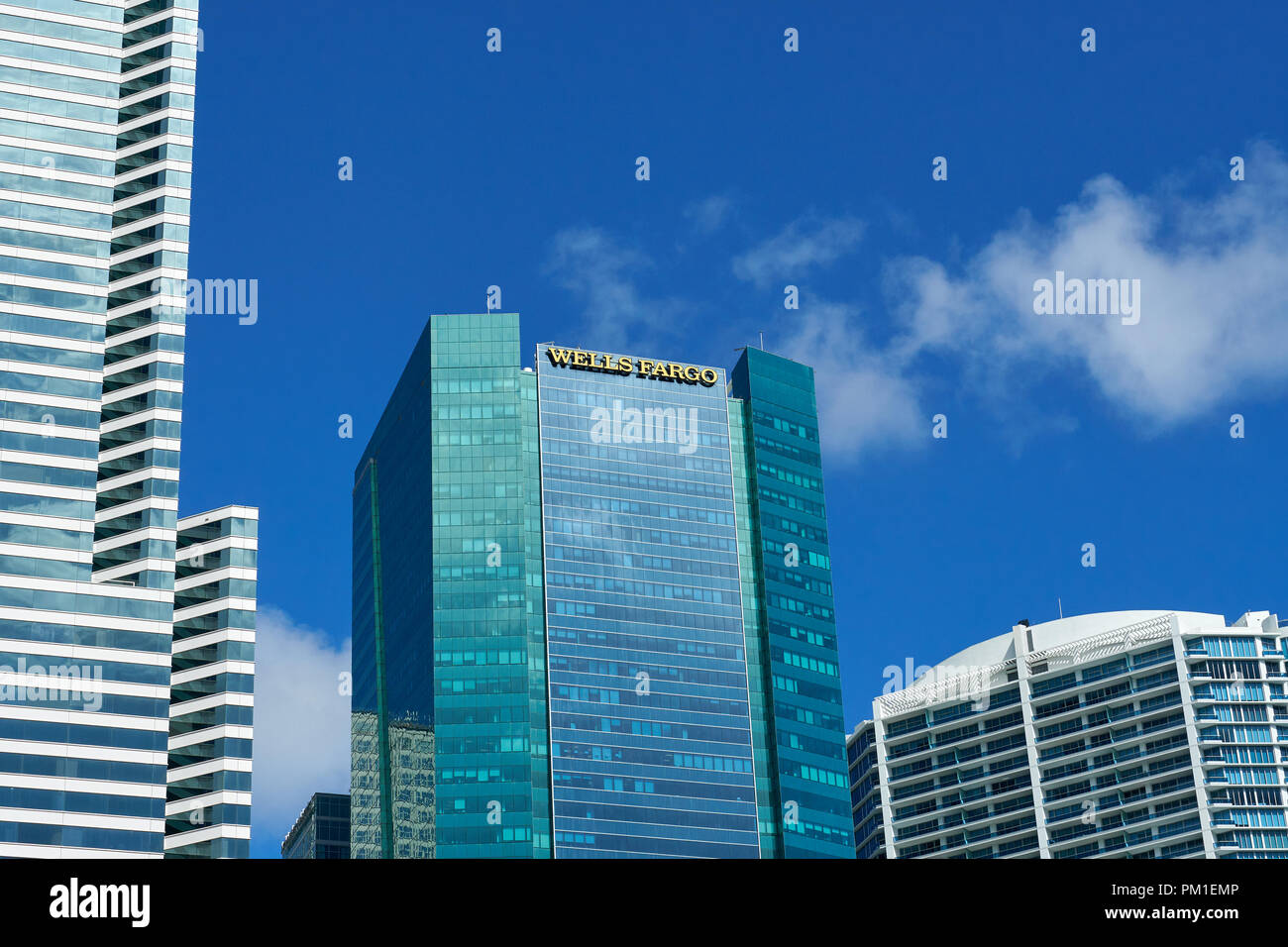 MIAMI, USA AUGUST 22, 2018 Wells Fargo skyscraper and logo in Miami
